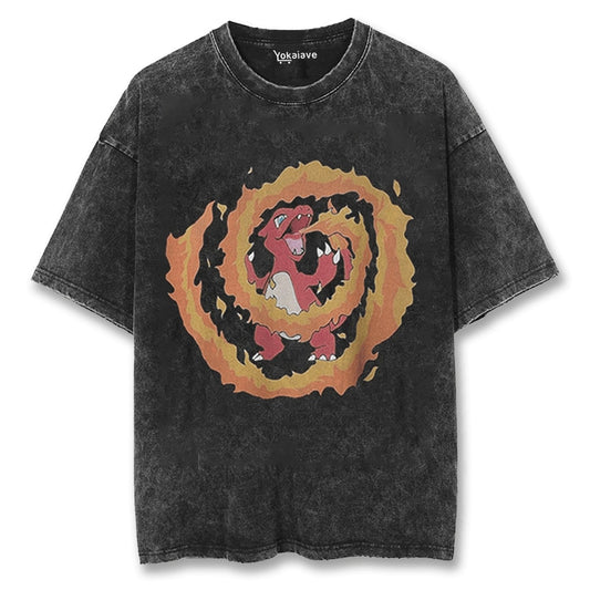 "Chameleon Flame Spiral" Black Washed Vintage Tee