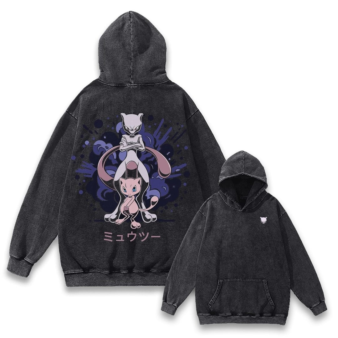 "Mew & Mewtwo Shadowburst" Black Washed Hoodie