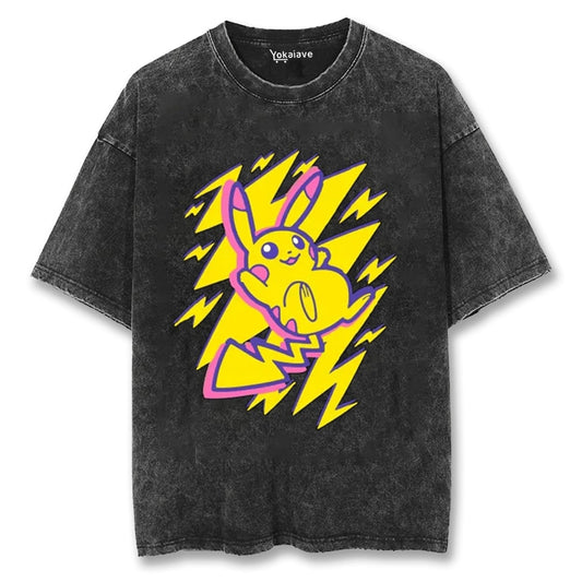 "Lightning Bolt Pikachu" Black Washed Vintage Tee