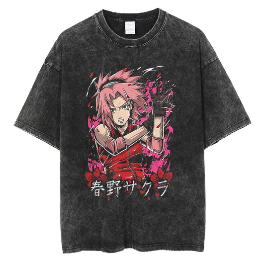 "Sakura Kunoichi Fist" Black Washed Vintage Tee