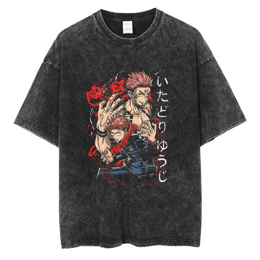 "Yuji and Sukuna" Black Washed Vintage Tee