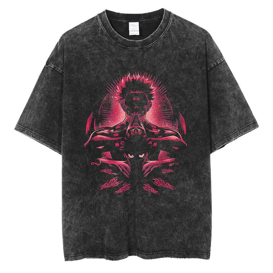 "Crimson Sukuna" Black Washed Vintage Tee