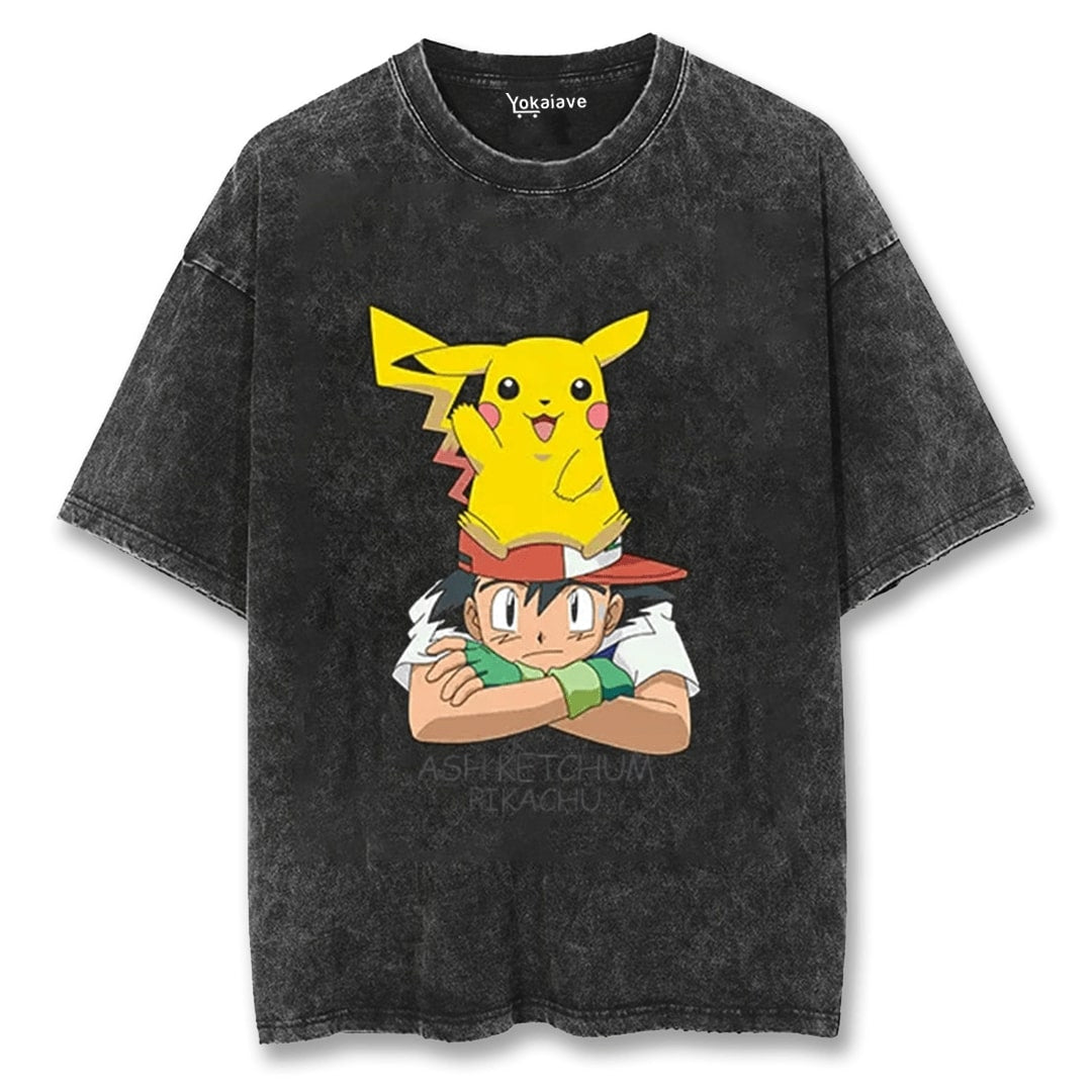 "Ash and Pikachu" Black Washed Vintage Tee