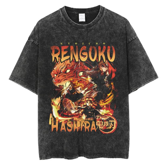 "Rengoku Set Ablaze" Black Washed Vintage Tee