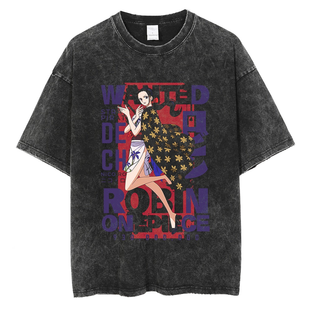 "Nico Robin Wanted" Black Washed Vintage Tee