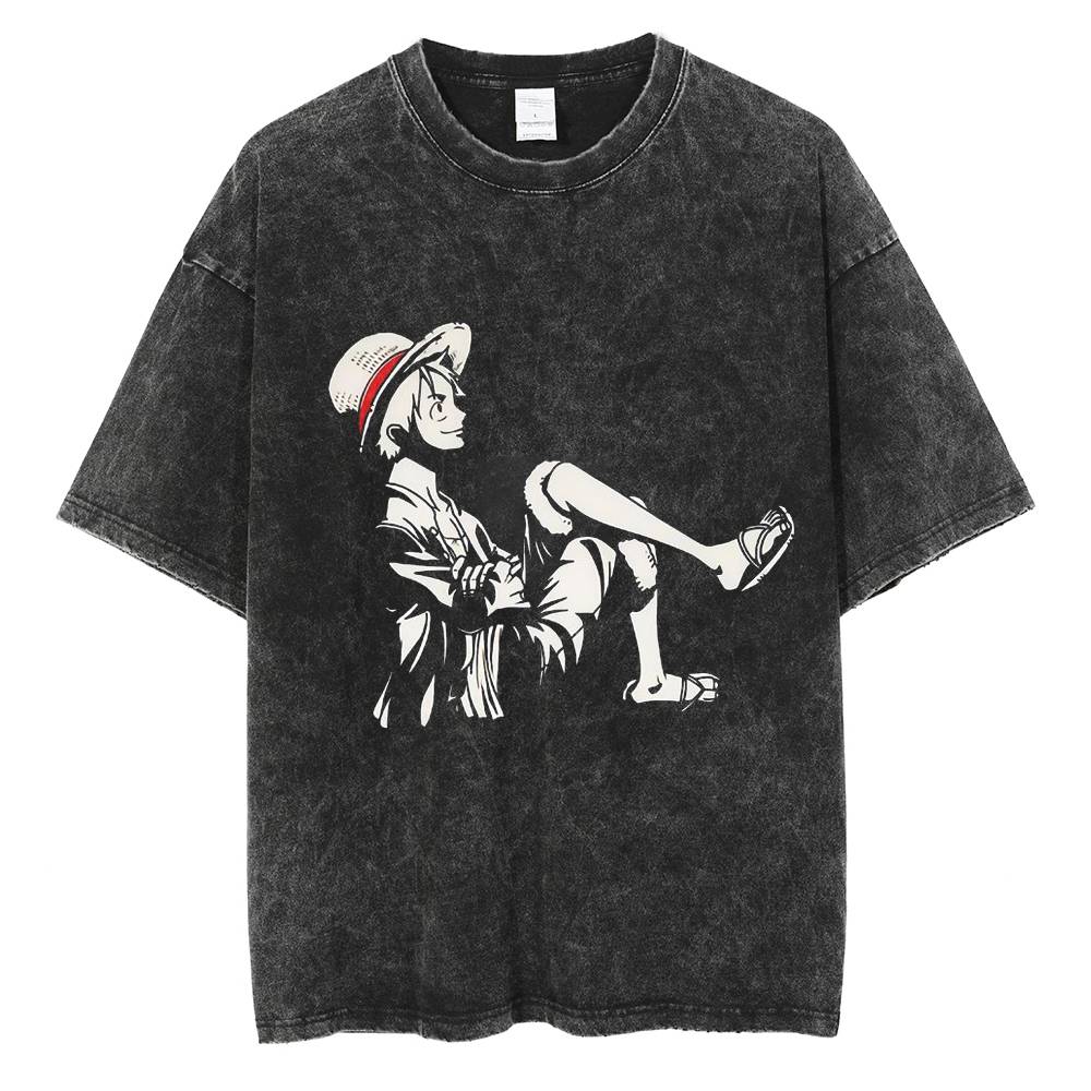 "Luffy Monochrome" Black Washed Vintage Tee