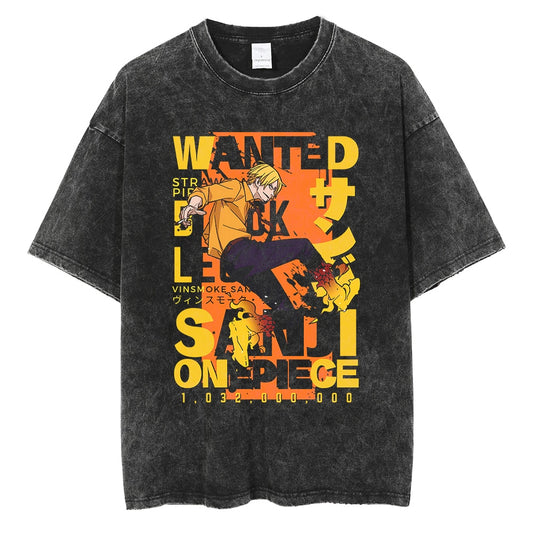 "Vinesmoke Sanji Wanted Black Washed Vintage Tee