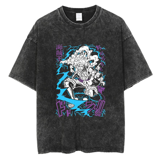 "Gear 5 Luffy Thunder Bolt" Black Washed Vintage Tee