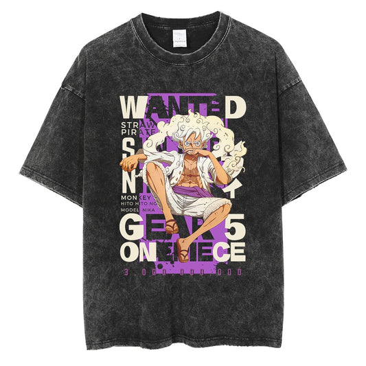 "Gear 5 Luffy Wanted" Black Washed Vintage Tee