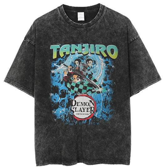 Tanjiro Demon Slayer Black Washed Vintage Tee