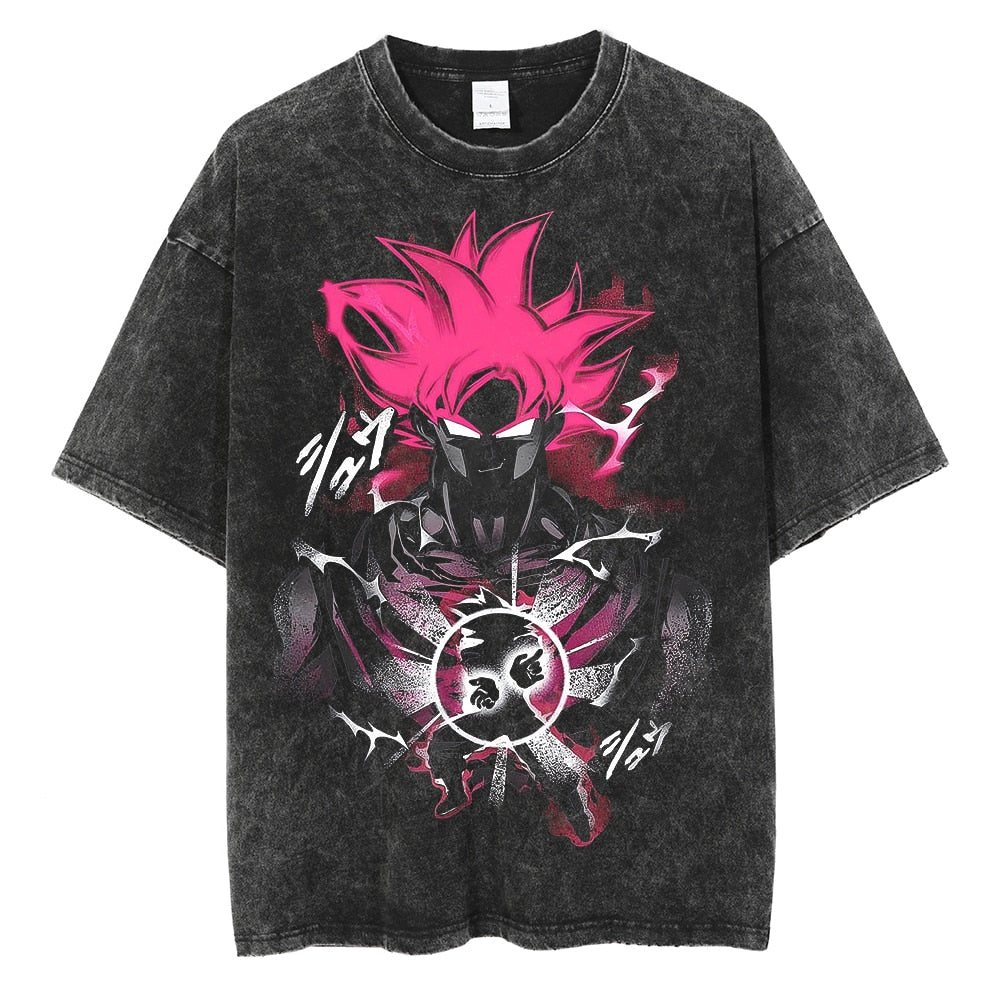 "Goku Pink Burst" Black Washed Vintage Tee